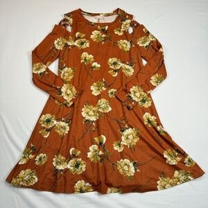 Altar'd State Long Sleeve Floral Midi Dress Womens Size Small Rust Cold Shoulder